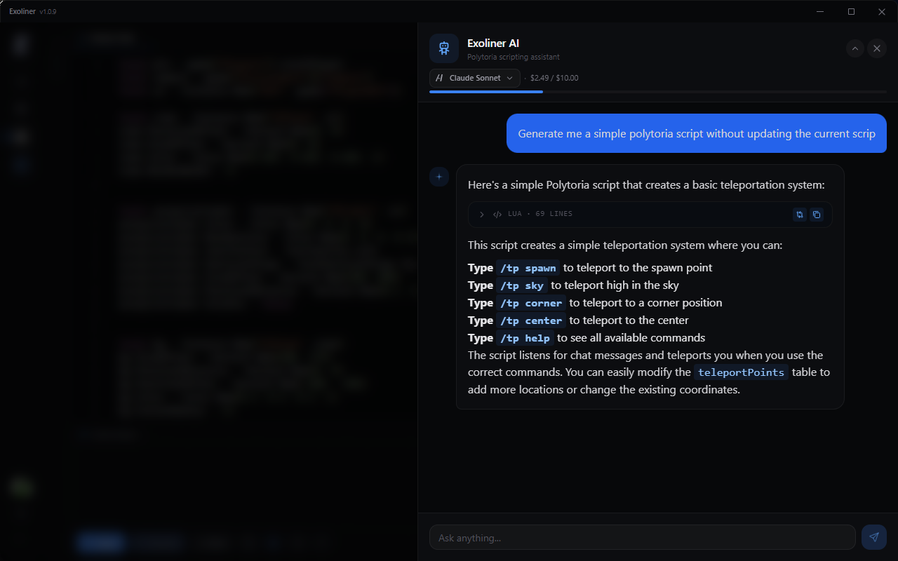 AI chat panel with Polytoria-specific context and code suggestions