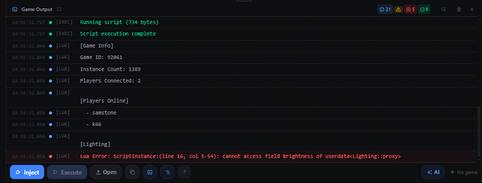Console output panel showing Lua and game output
