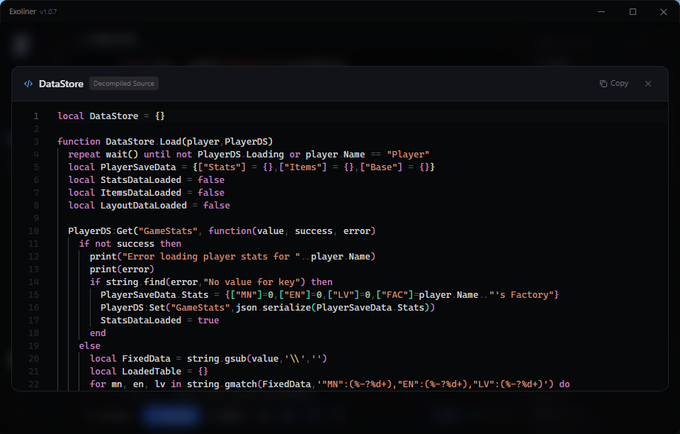 Decompiled Lua script showing DataStore source code